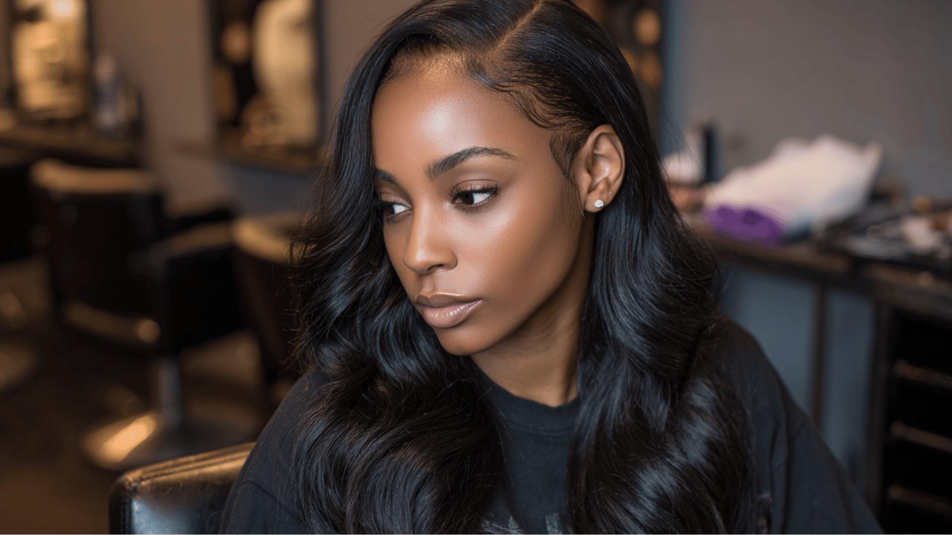frontal sew-in hairstyle with natural hairline, deep side part, and long flowing body waves in salon setting