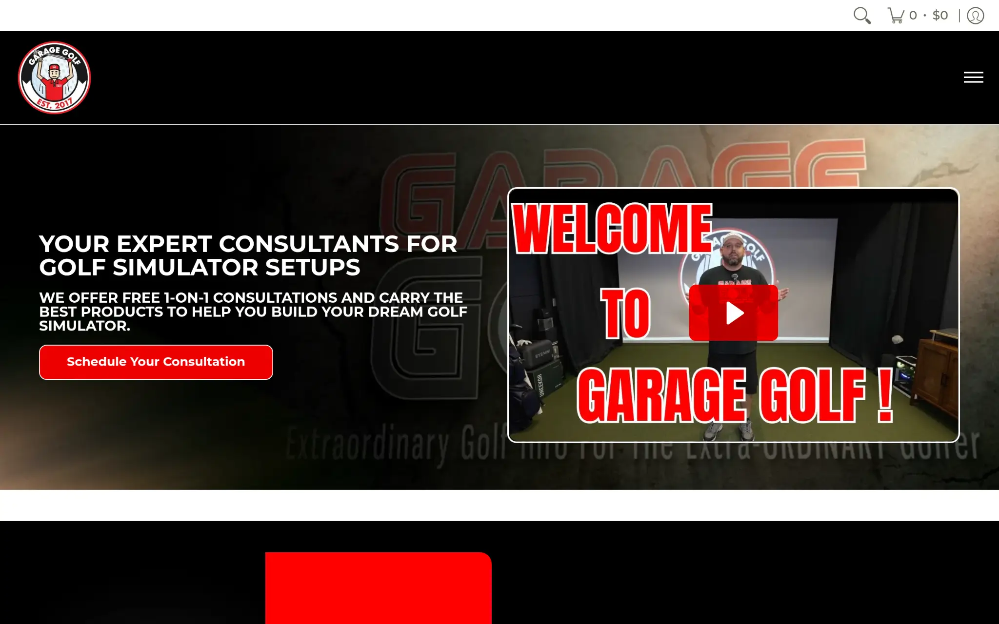 Golf simulator setup consultation promotion with video thumbnail and scheduling button on black background