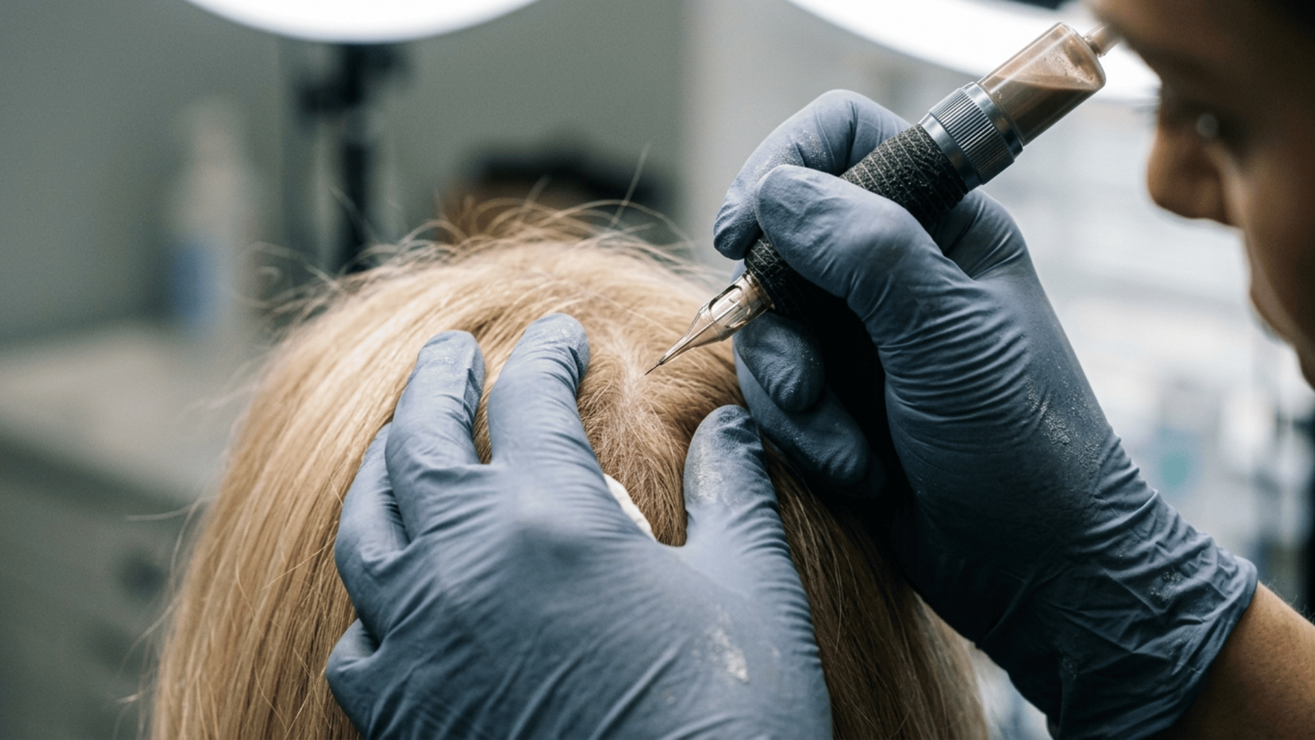 gloved technician working on a client scalp during treatment