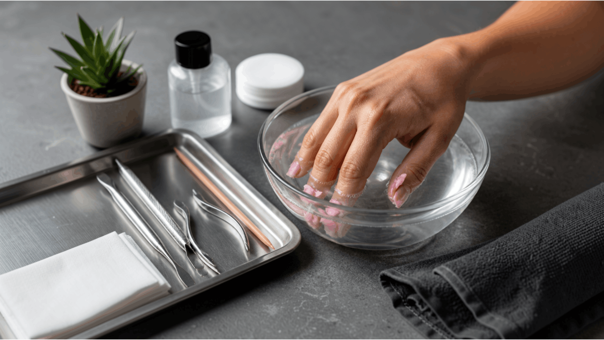 hand with pink gel nails soaking in clear liquid bowl next to manicure tools cotton pads and nail care bottle on gray surface