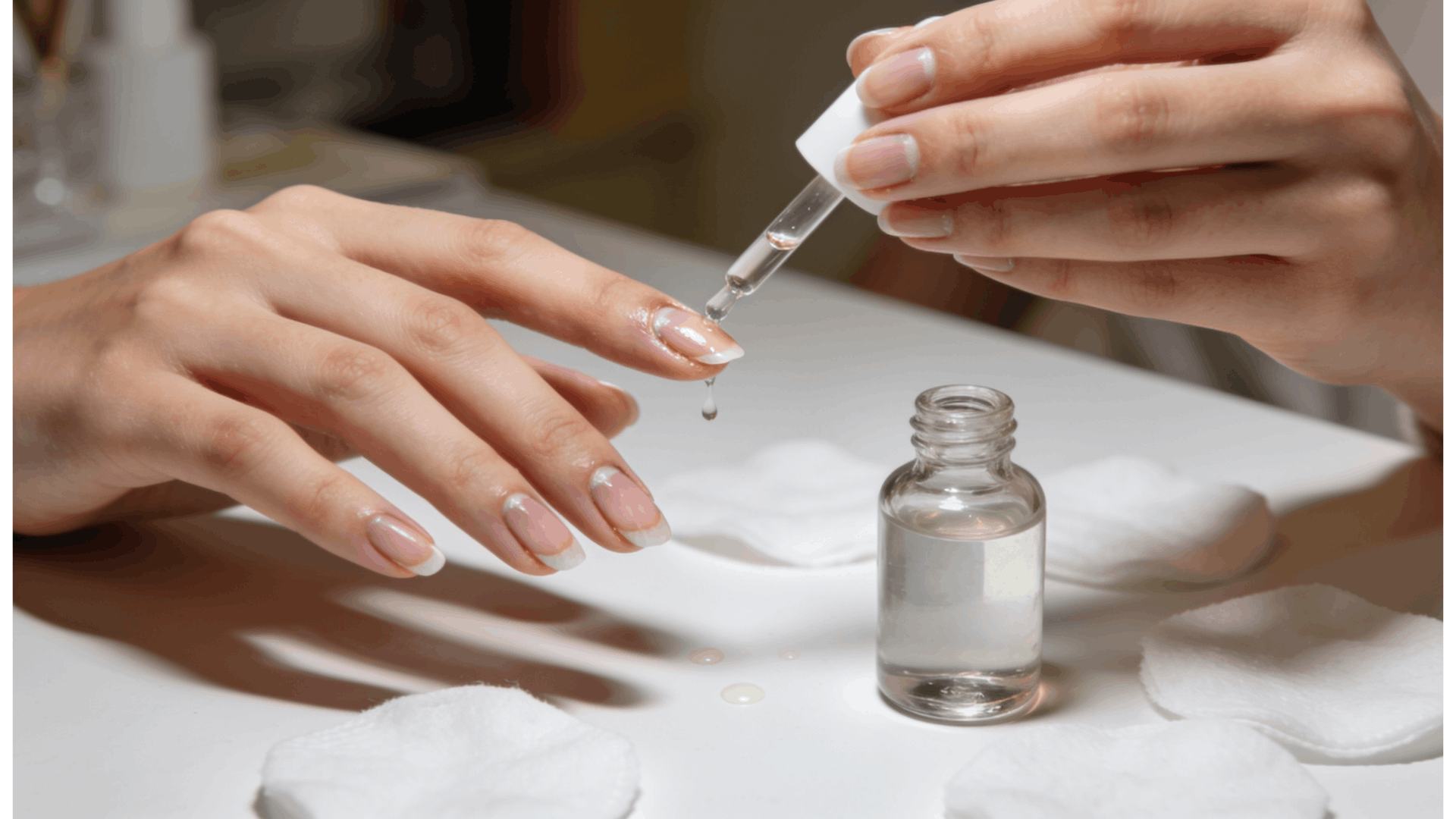 hands applying cuticle oil with a dropper during a gentle nail care routine on a clean salon table