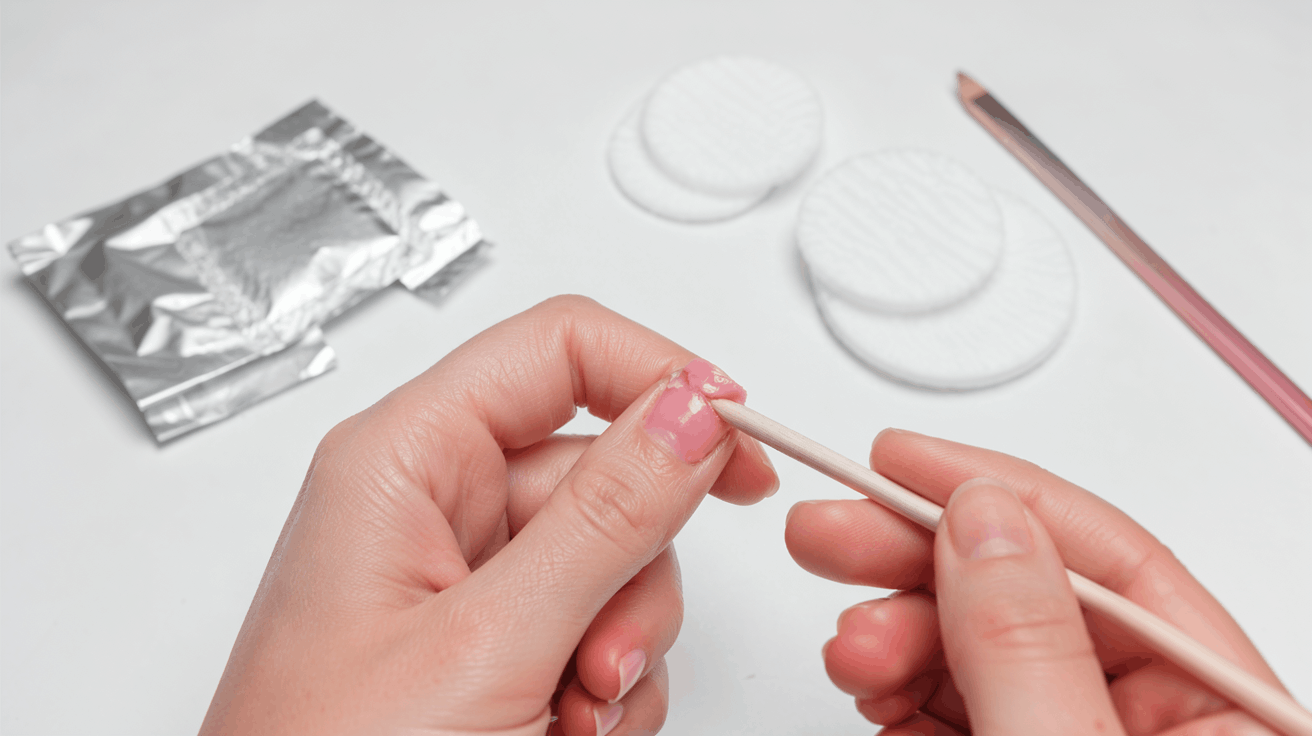 hands gently removing softened gel polish with a wooden stick near cotton pads and foil wraps