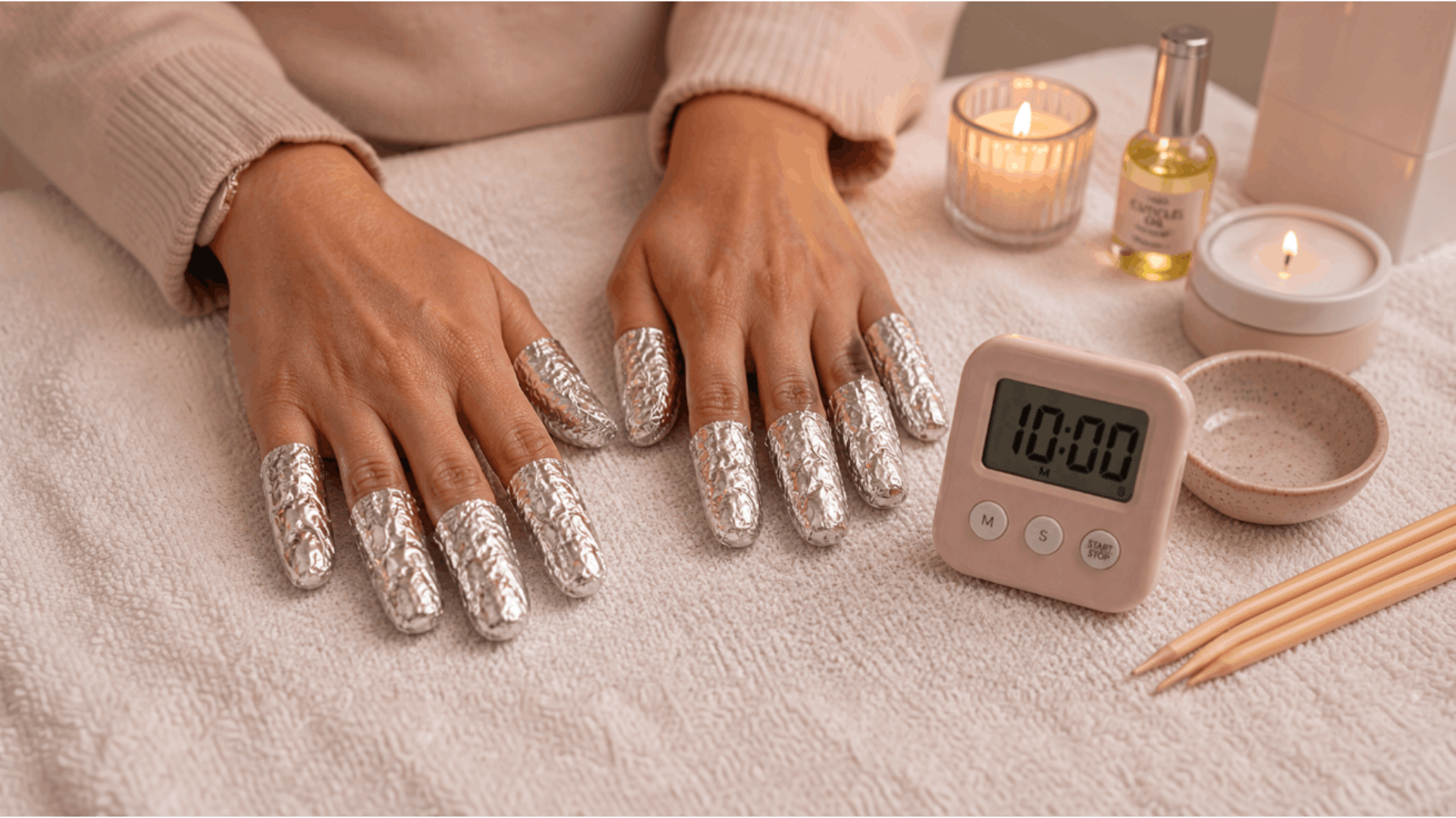 hands with foil wrapped nails resting on a towel beside a timer candles and nail care oil