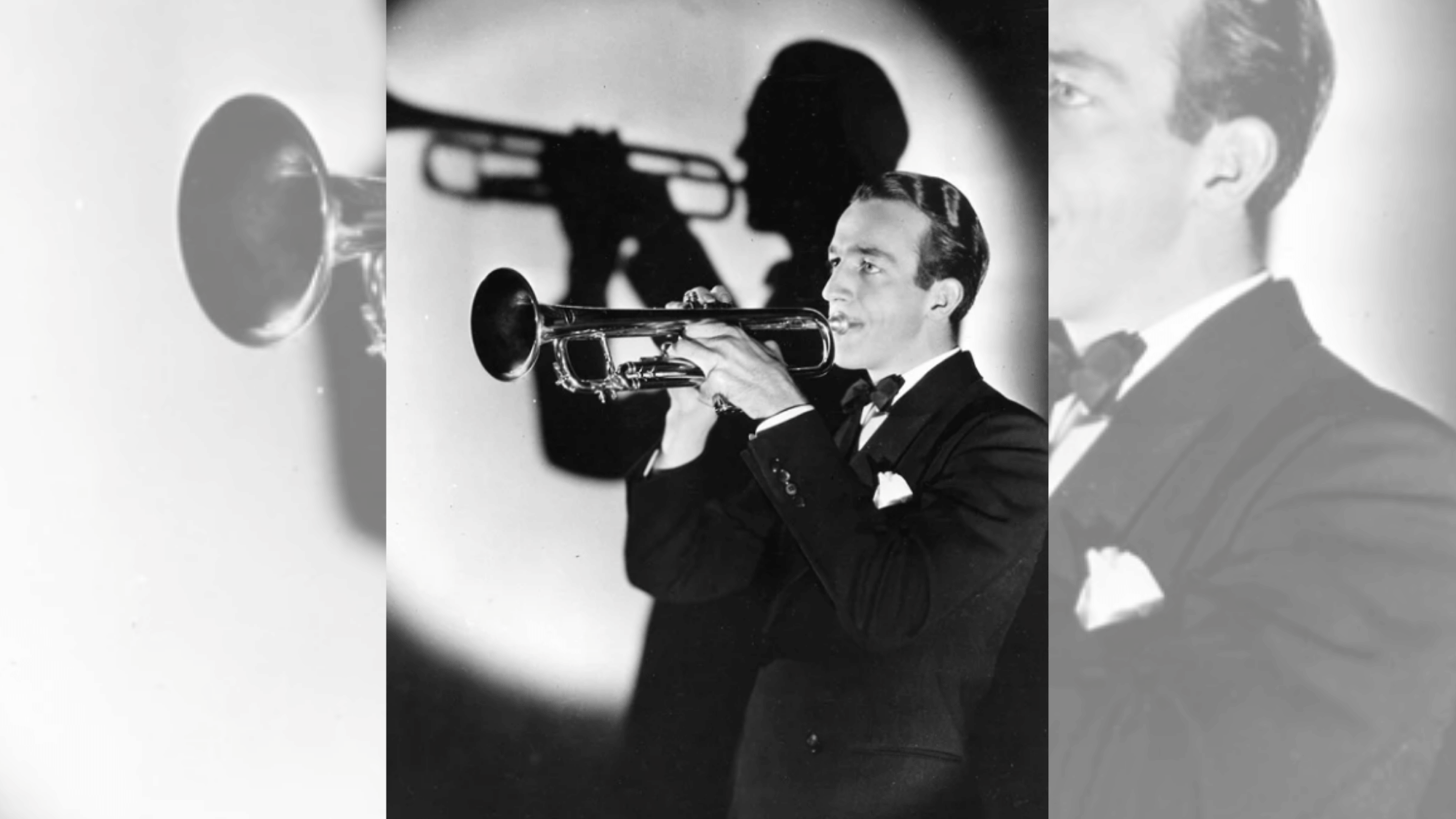 harry james holding trumpet in a polished portrait from the swing band era