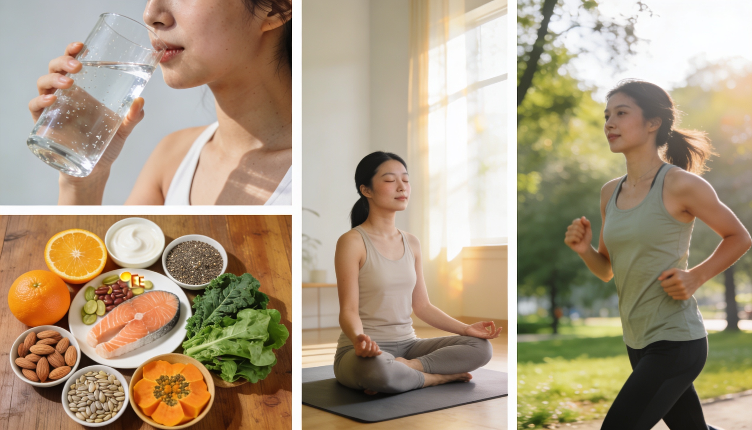 4 panel wellness and skincare lifestyle collage illustrating healthy habits for naturally smooth, glowing skin.