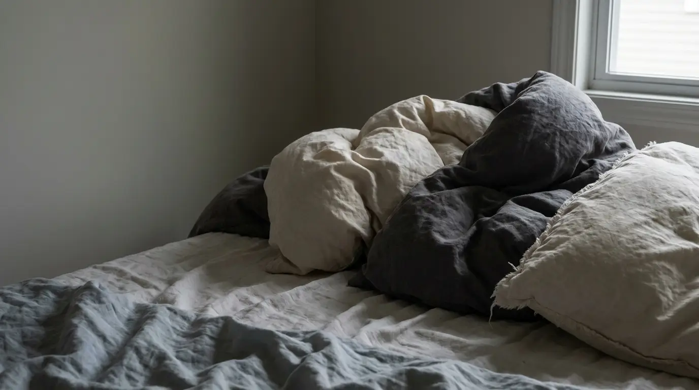 Unmade bed with neutral-toned pillows and blankets in a softly lit bedroom