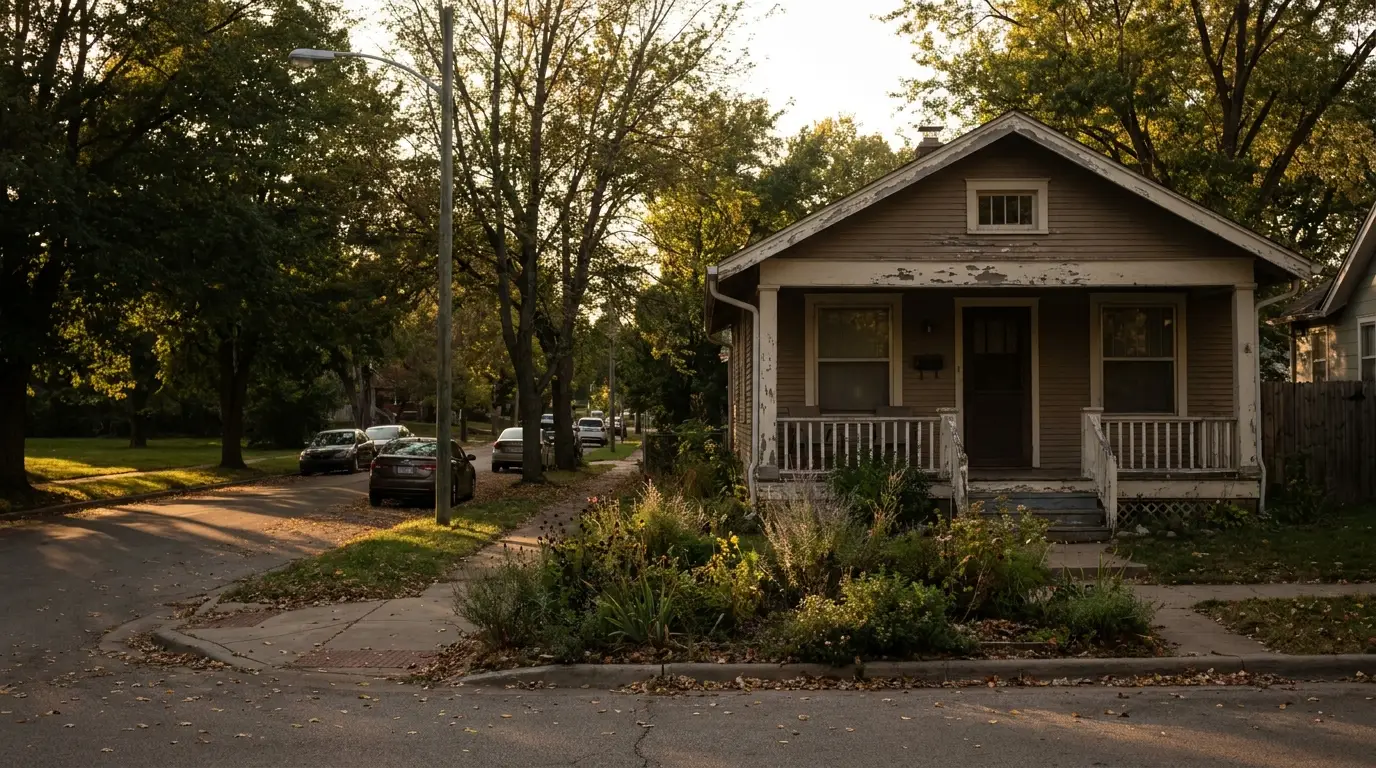 Cozy brown house with white trim on tree-lined suburban street at sunset