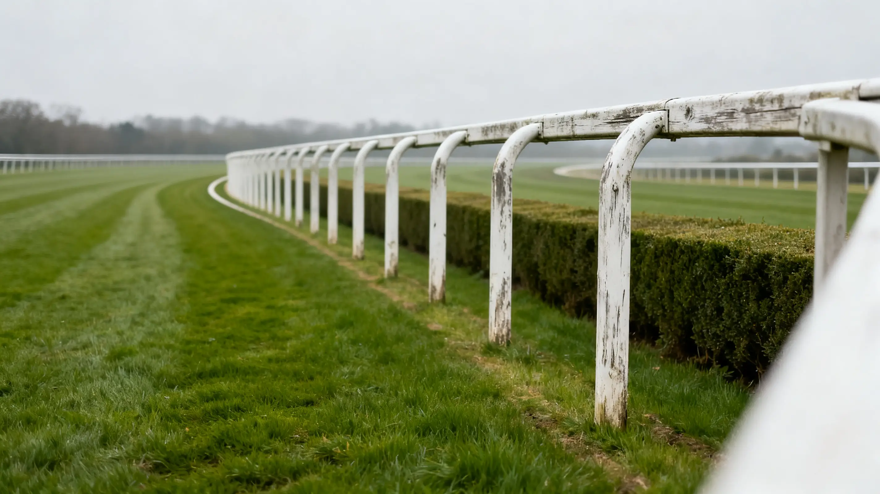 Green grass racecourse with white railing on an overcast day