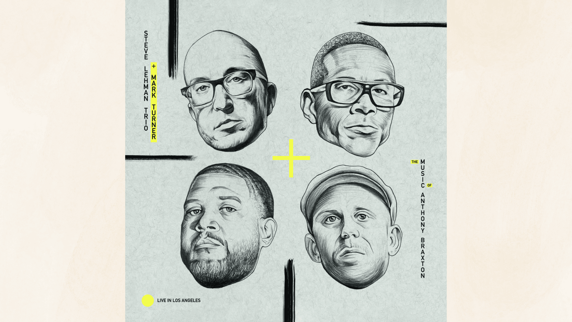 illustrated jazz album cover featuring four monochrome portrait sketches arranged in minimalist grid layout