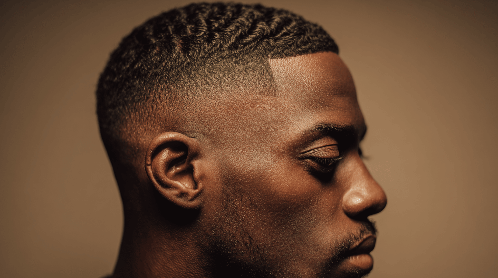 Mid fade black men 360 waves zero guard sharp line up temple fade skin sides portrait