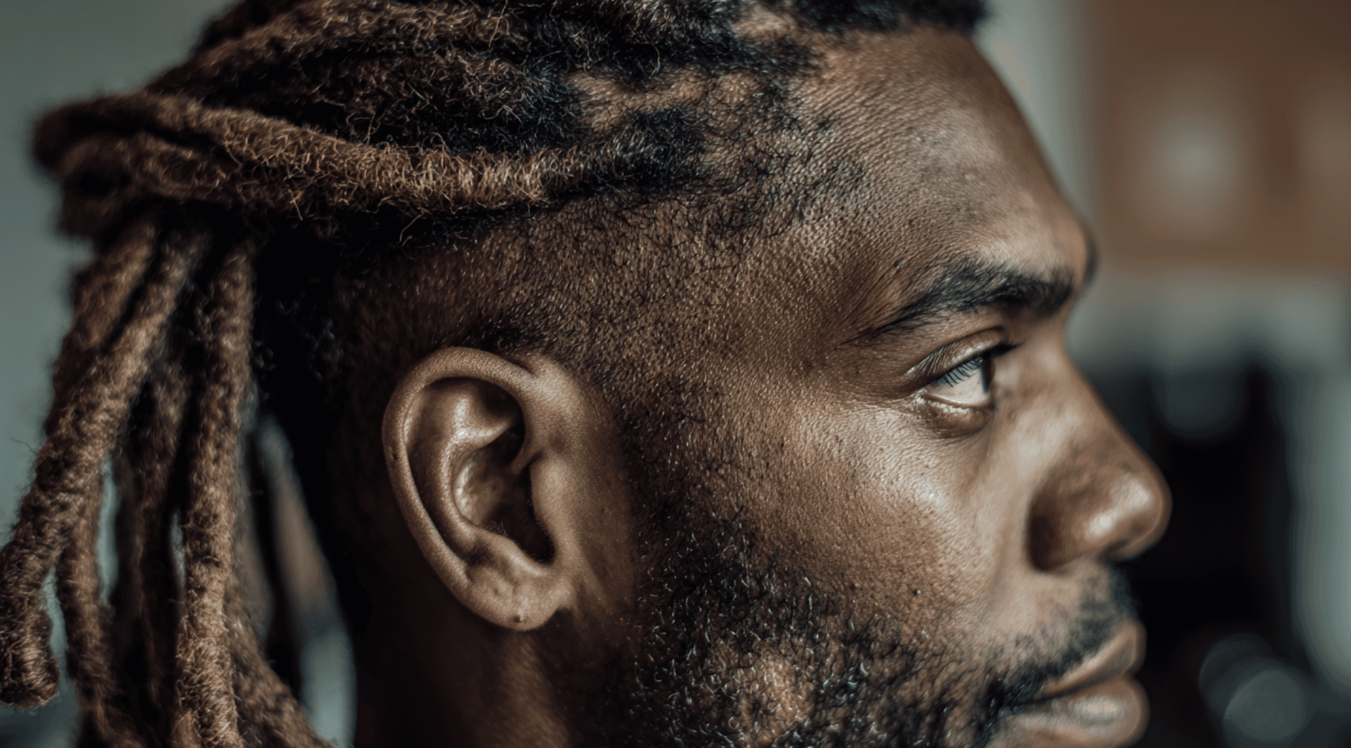 <echighlighted>Mid fade black men</echighlighted> dreadlocks medium length temple fade skin sides tight roots portrait
