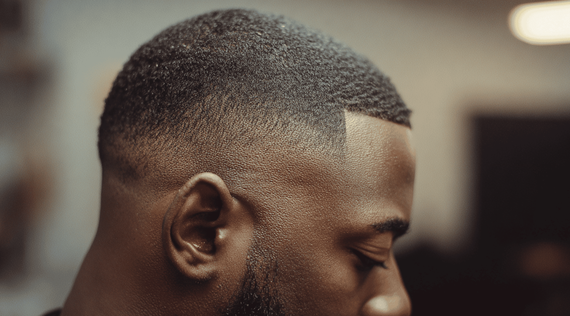 Mid bald fade black men skin sides razor sharp line up hairline temples short top portrait