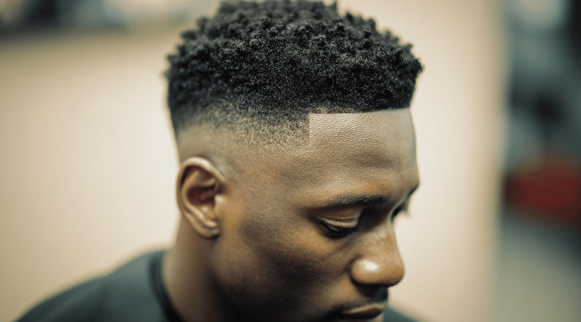 Mid fade black men sponge curls tight defined top temple fade sharp line up portrait