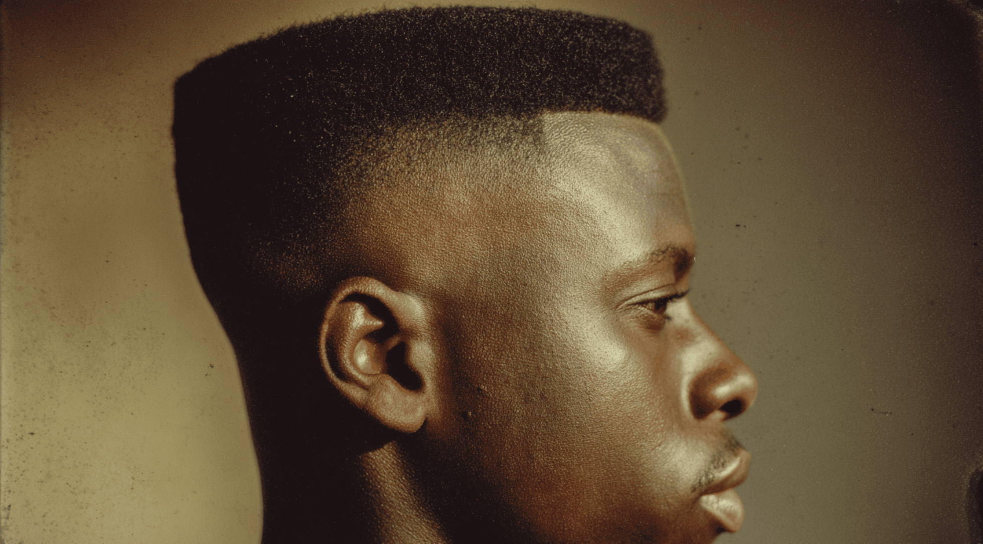 Mid fade black men high top flat top geometry temple fade sharp line up portrait
