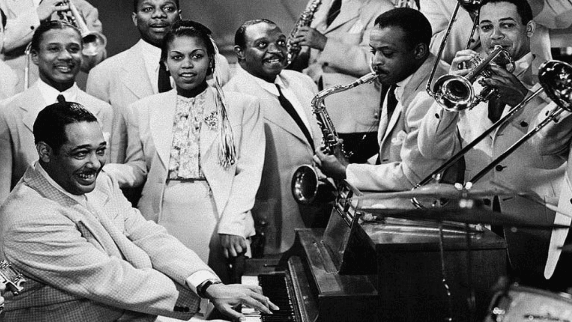 Duke Ellington In a Mellow Tone era candid portrait with Louis Armstrong black and white archival photo