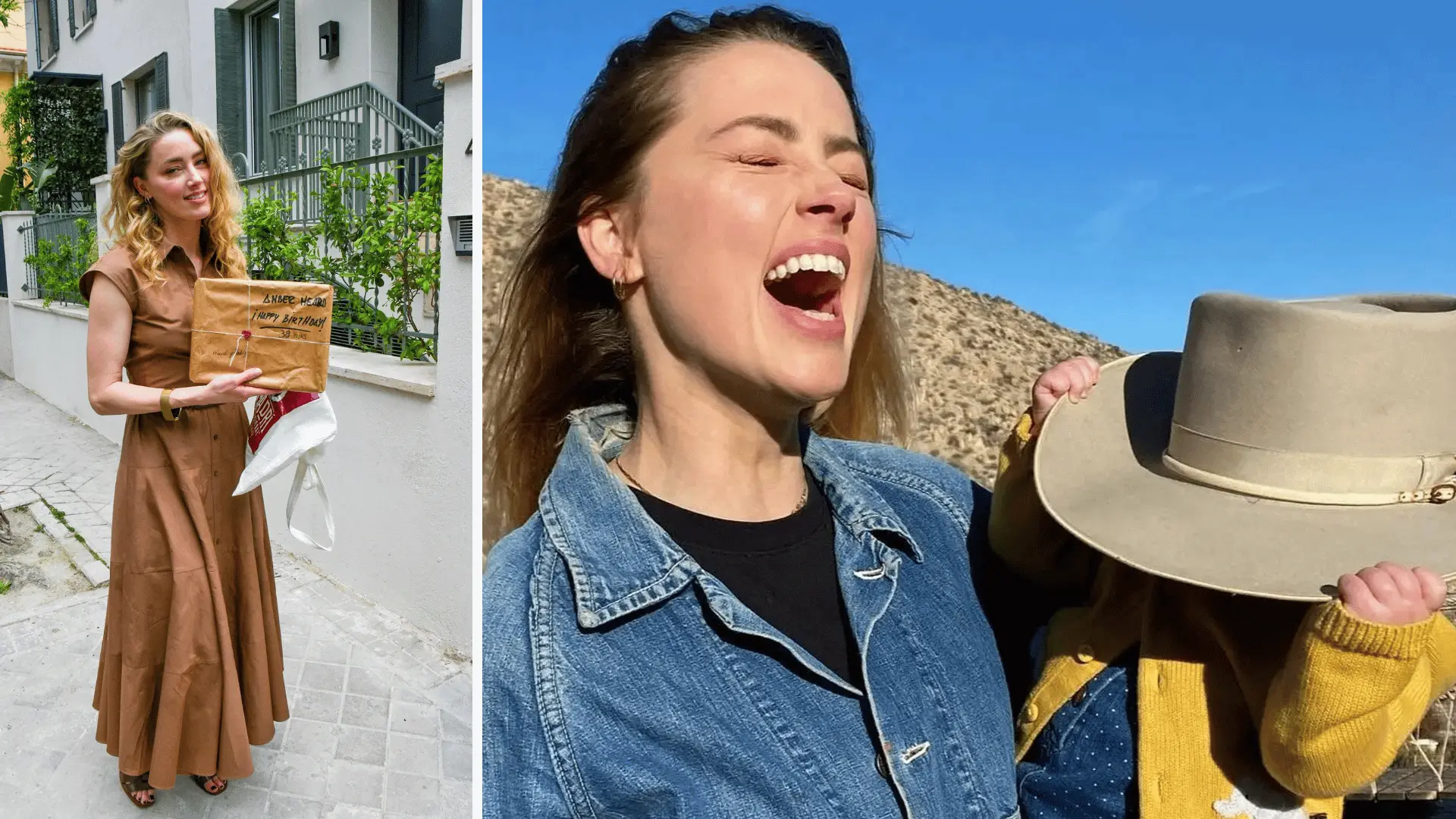 amber heard smiling outdoors in madrid holding a birthday gift, and laughing in the sun with her daughter oonagh