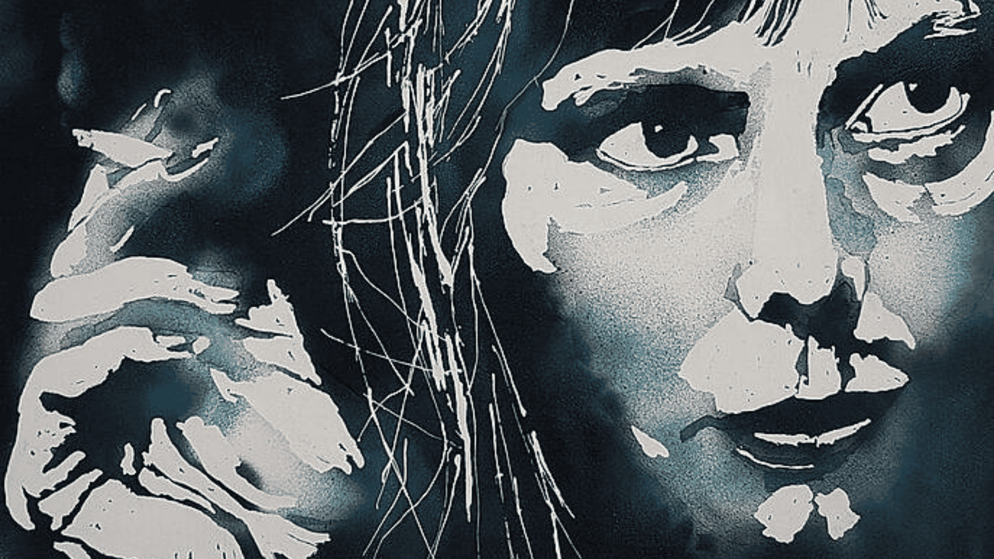 Joni Mitchell painted portrait close up dark blue toned artistic illustration hand and face detail