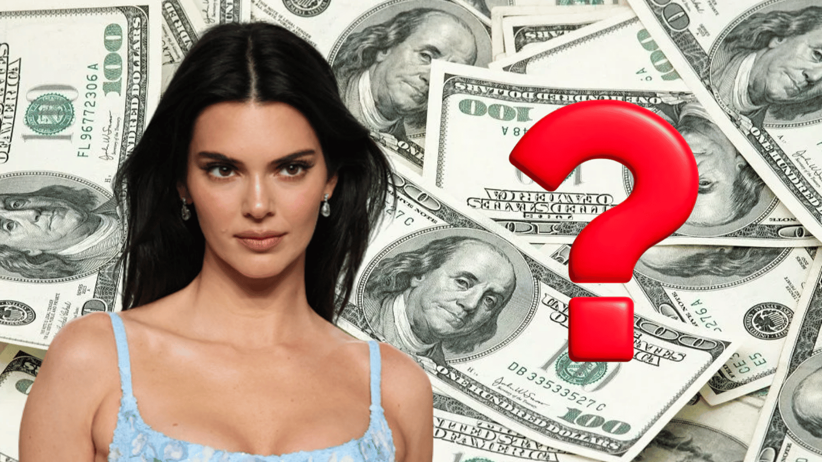 kendall jenner portrait with us dollar bills background and red question mark symbol representing net worth inquiry info
