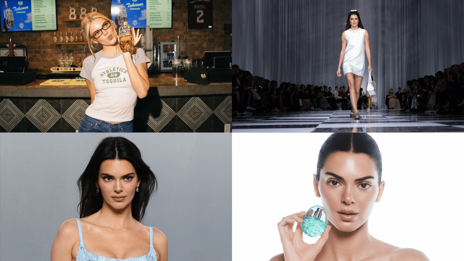 kendall jenner income sources collage showing modeling runway endorsements and 818 tequila business and brand deals now