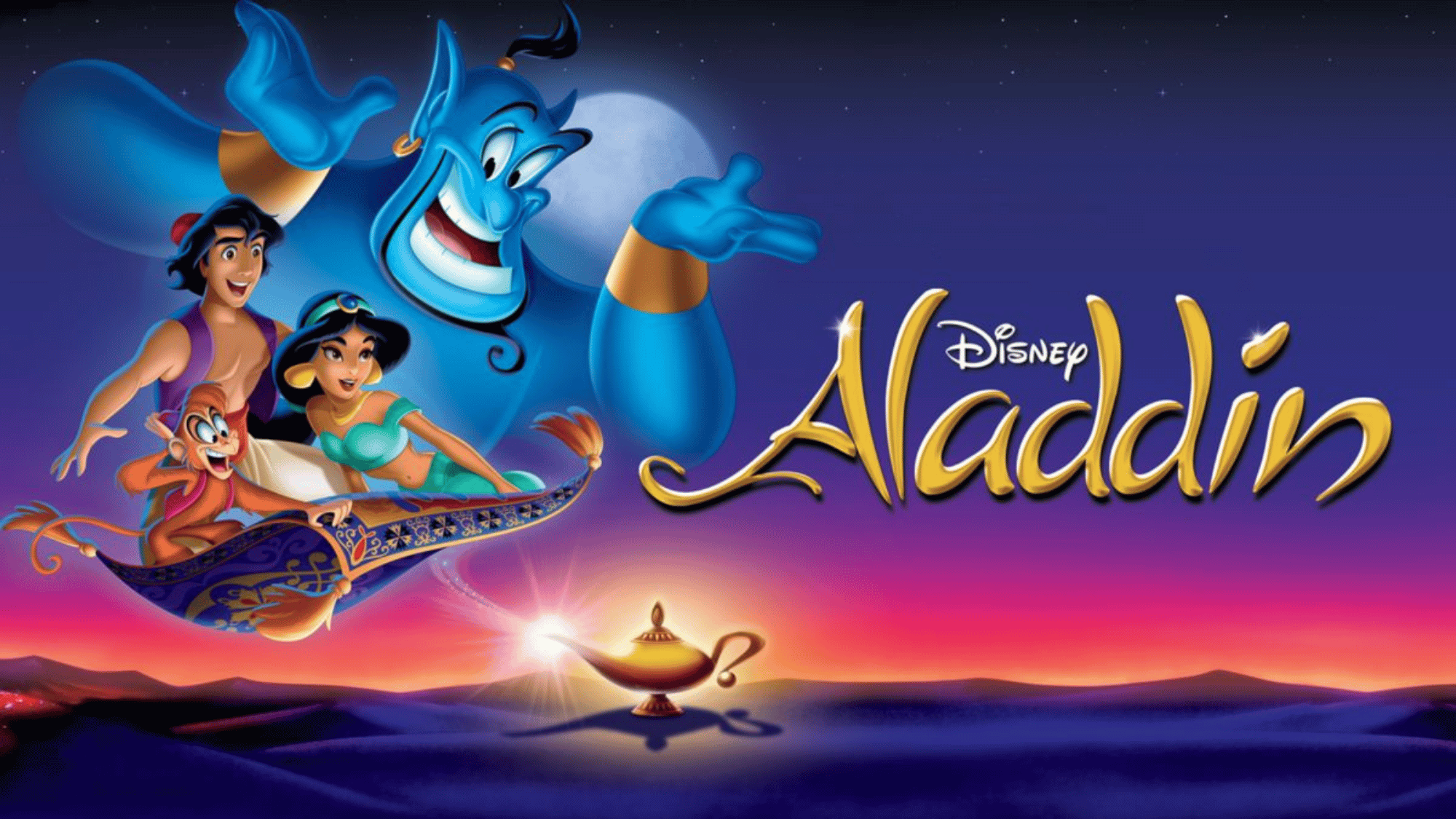 Animated Aladdin poster featuring magic carpet ride, Genie, Jasmine, Abu, glowing lamp, desert sunset, and vibrant Arabian fantasy atmosphere.