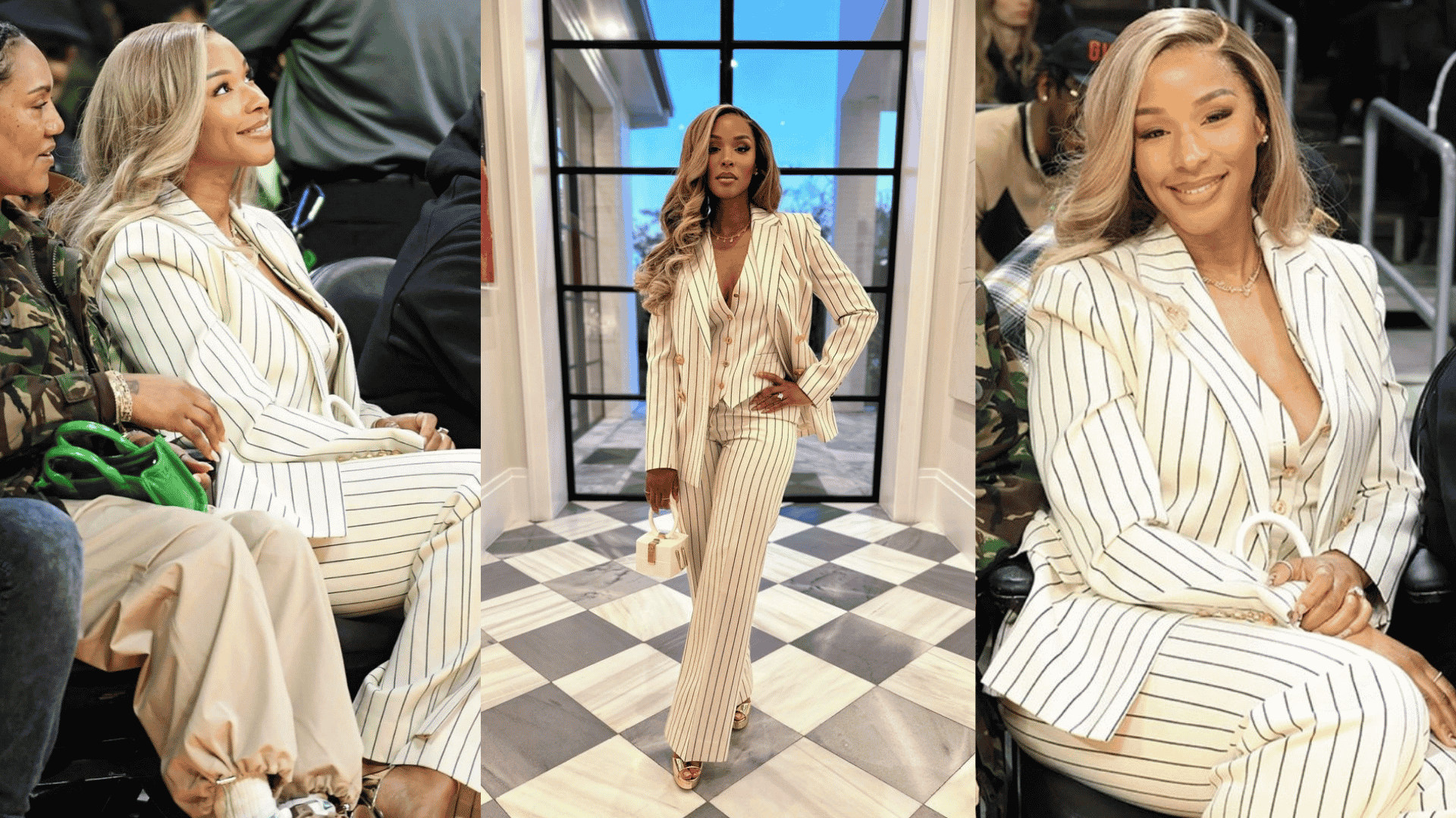 Savannah in cream pinstripe pantsuit at Lakers courtside seats