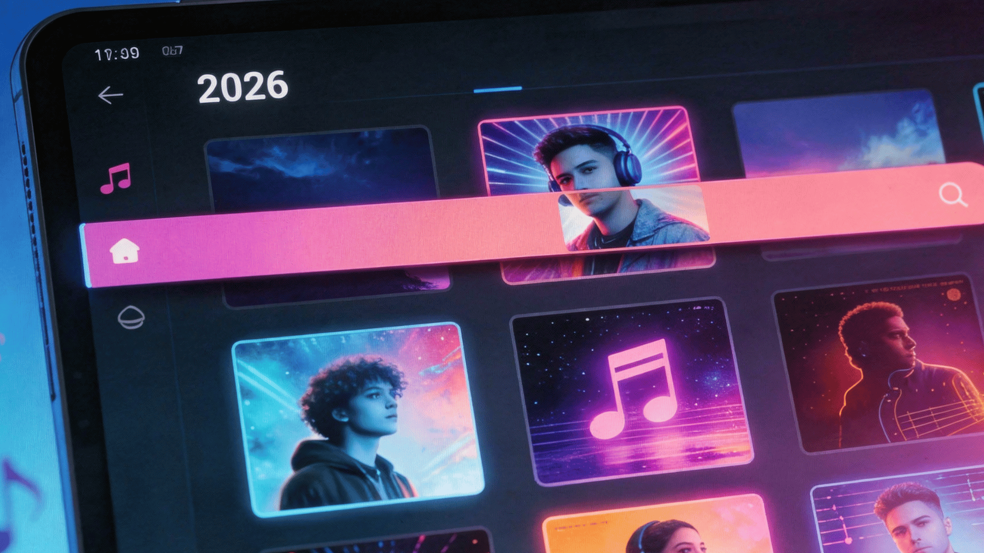 music streaming app interface on a tablet with neon lights and artist thumbnails