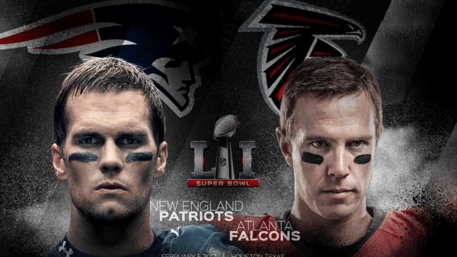 Tom Brady and Matt Ryan face off in a Super Bowl LI graphic for Patriots vs Falcons.