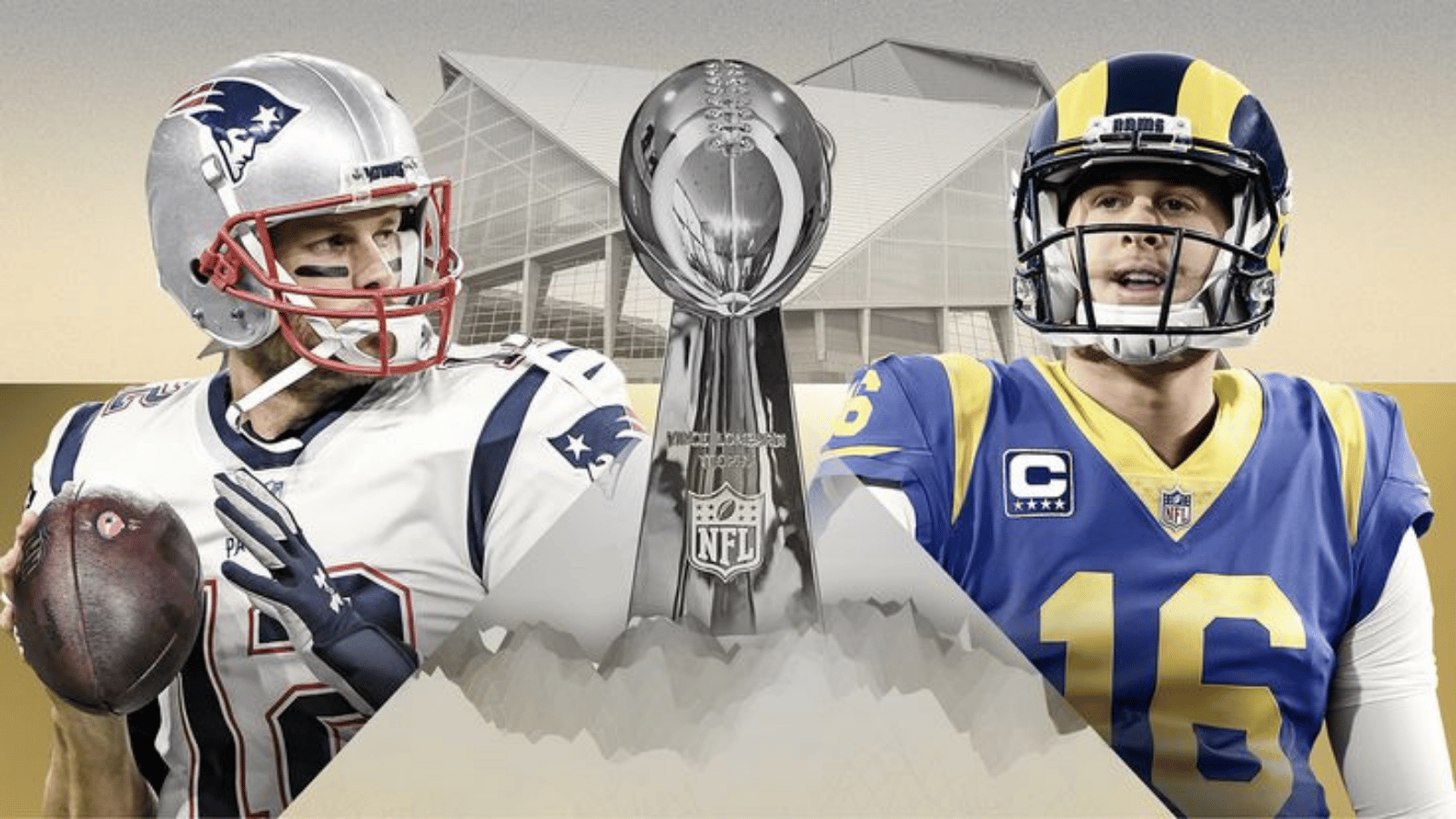 New England Patriots and Los Angeles Rams quarterbacks pictured beside the Super Bowl trophy.