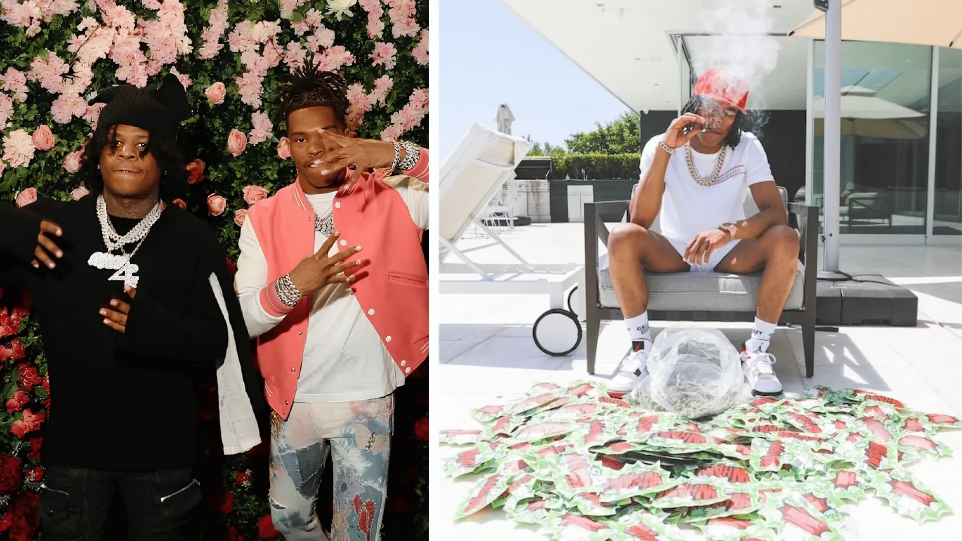 lil baby with rylo rodriguez at a label signing event alongside a solo shot flexing wham leafs merch outdoors
