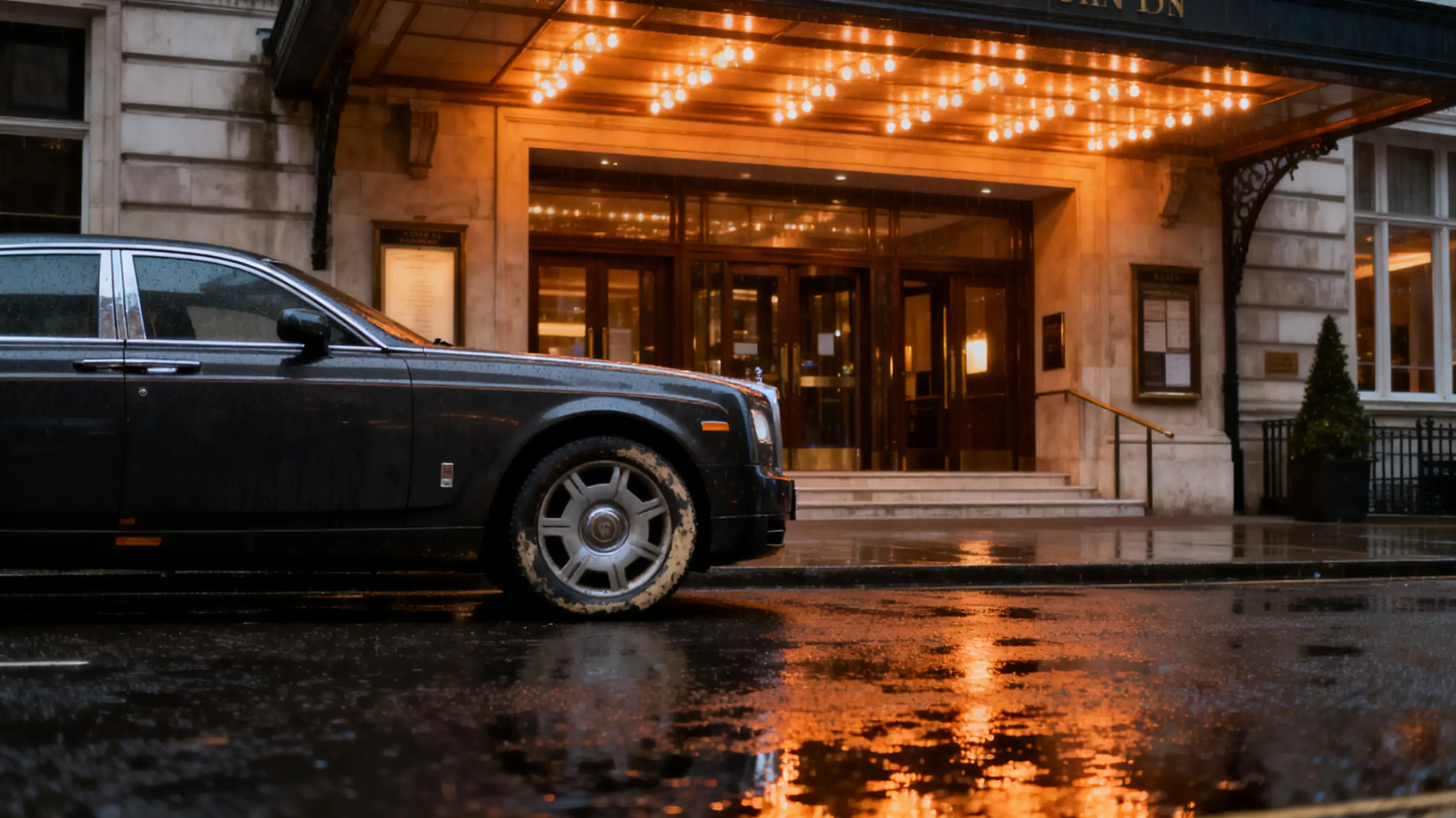 Luxury car parked in front of illuminated hotel entrance during rain at night