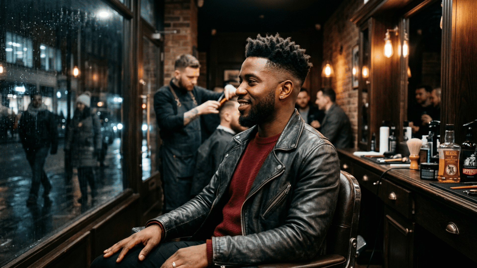 man sitting in a barber chair wearing a leather jacket while a barber cuts hair in a warmly lit barbershop