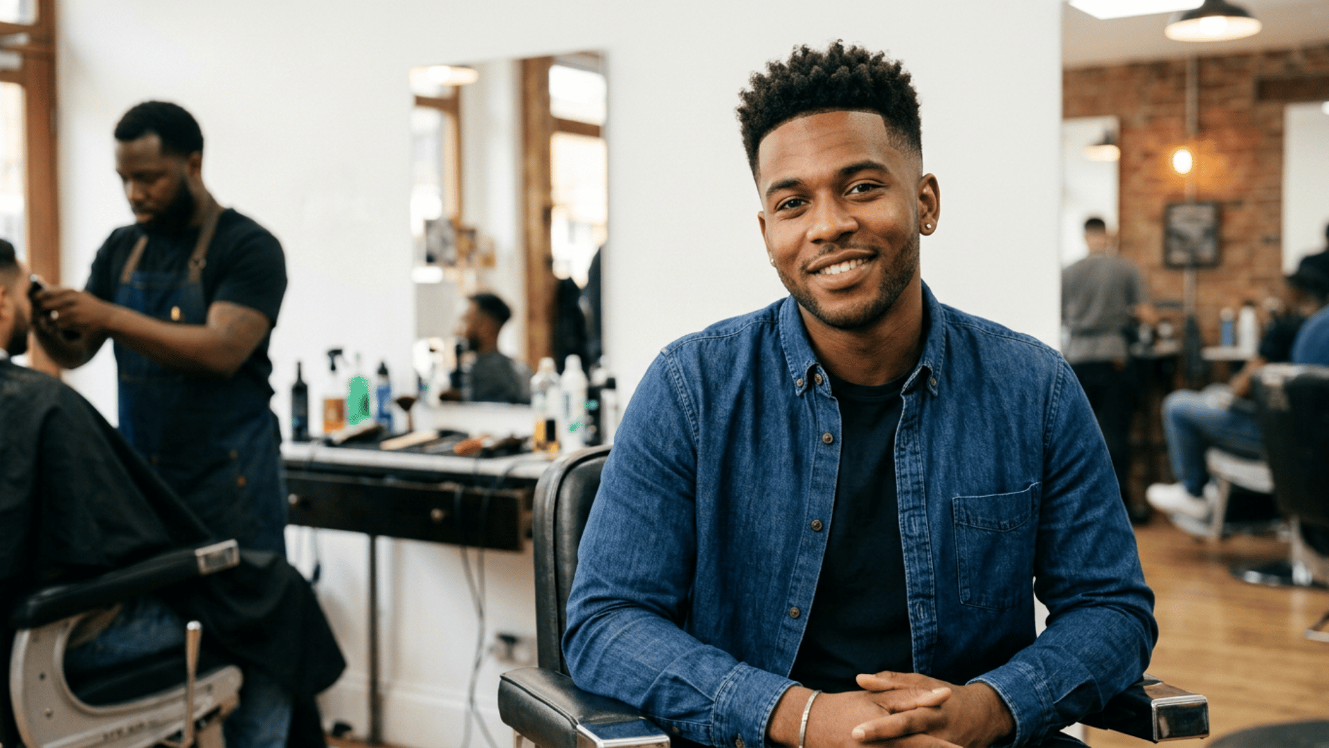 man smiling while seated in a barber chair with barbers working and clients receiving haircuts in a modern salon interior