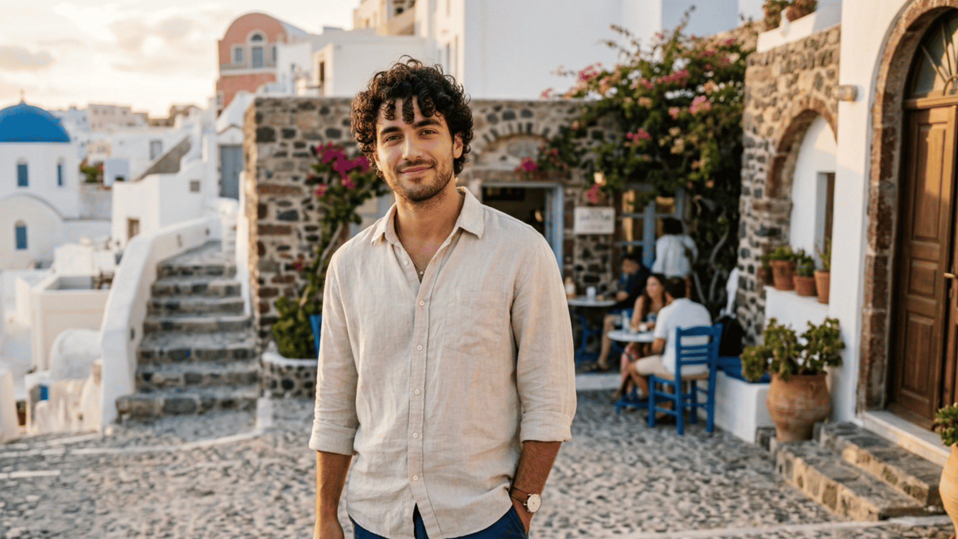 man standing on a cobblestone street in a coastal village with white buildings blue domes and outdoor cafe seating nearby