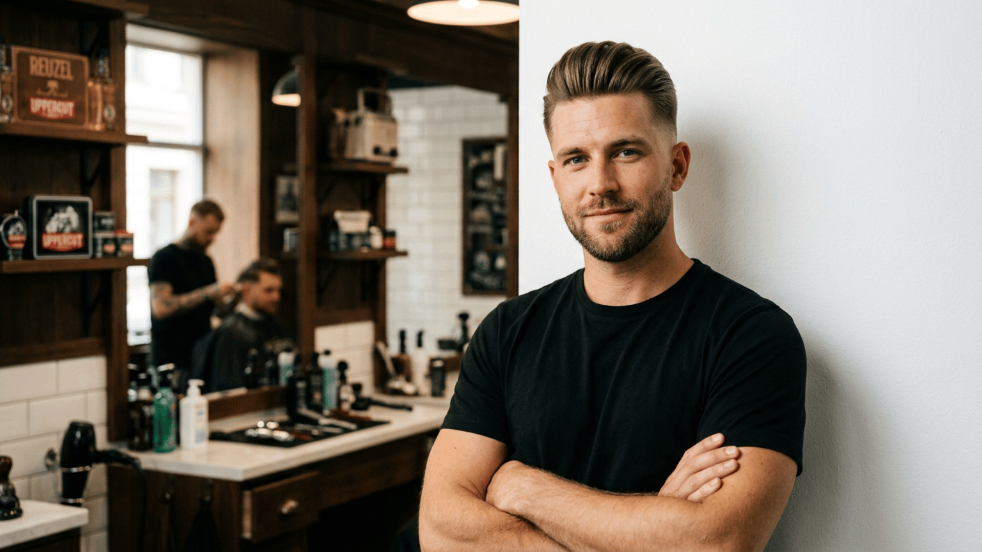 man with a voluminous swept back hairstyle and trimmed beard standing with folded arms inside a stylish barbershop