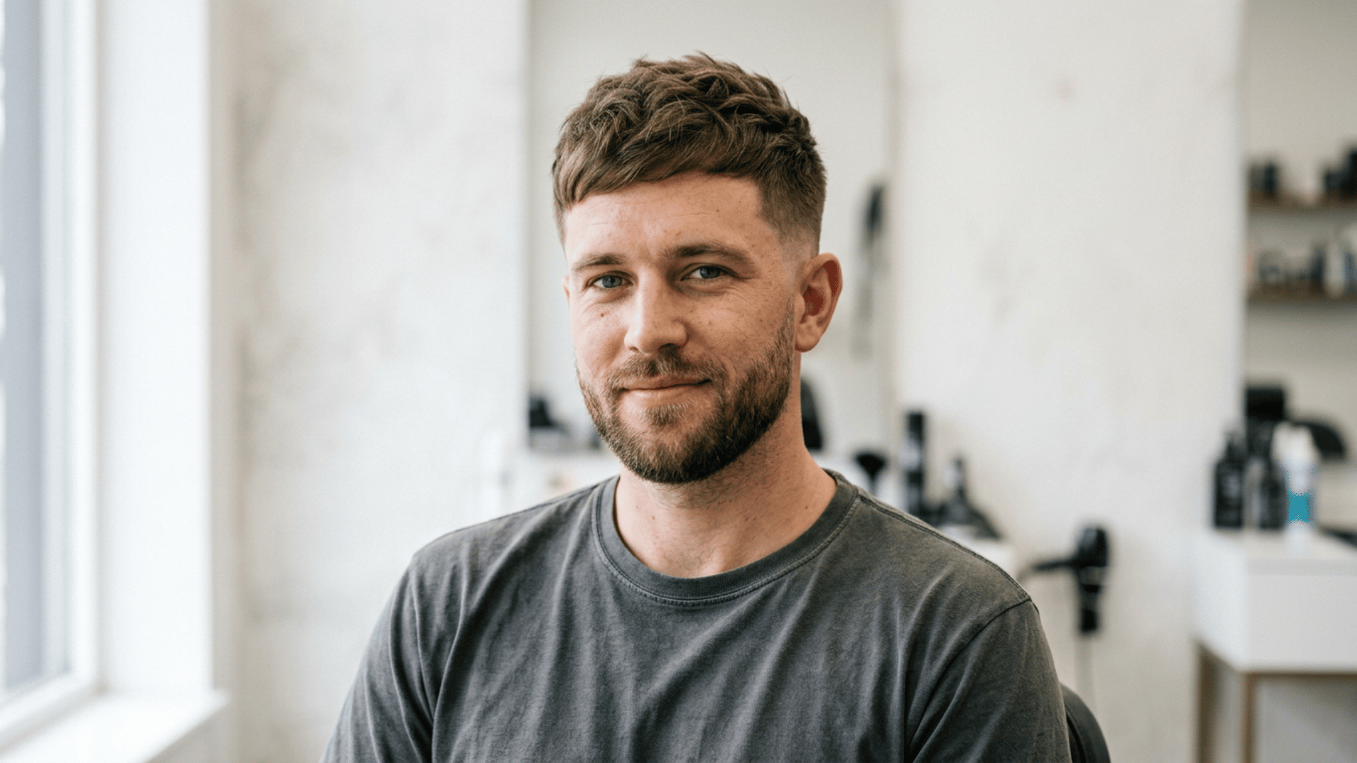 man with short textured haircut and trimmed beard sitting in a salon chair after a fresh haircut near a bright window