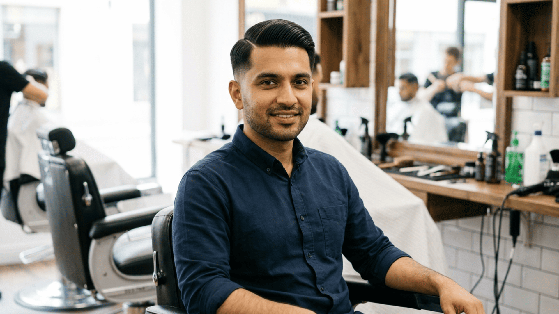 man with sleek side parted haircut sitting in a barber chair smiling inside a modern barbershop during a grooming visit