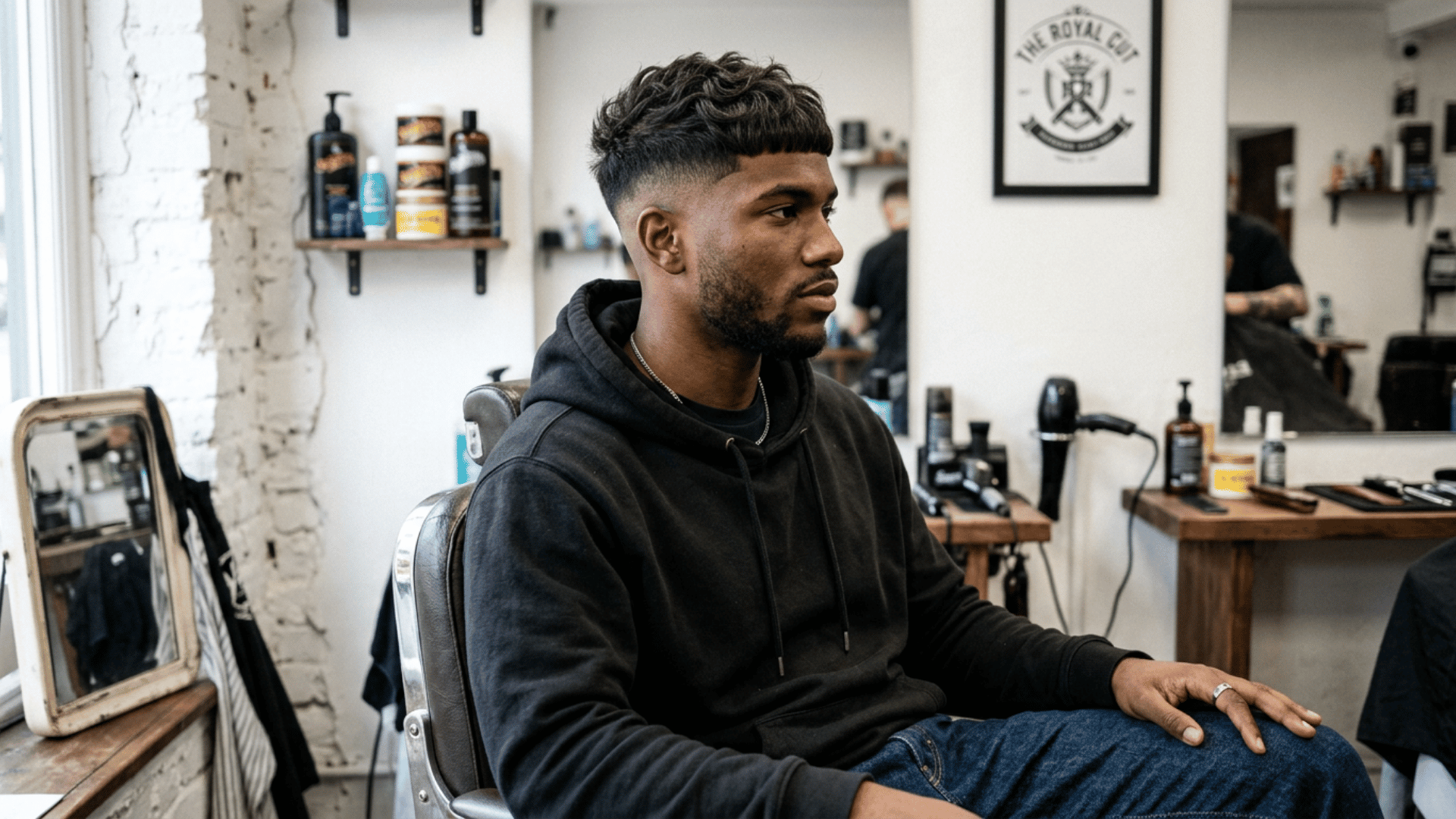 man with textured curly fade haircut sitting in a barber chair wearing a black hoodie inside a modern barbershop