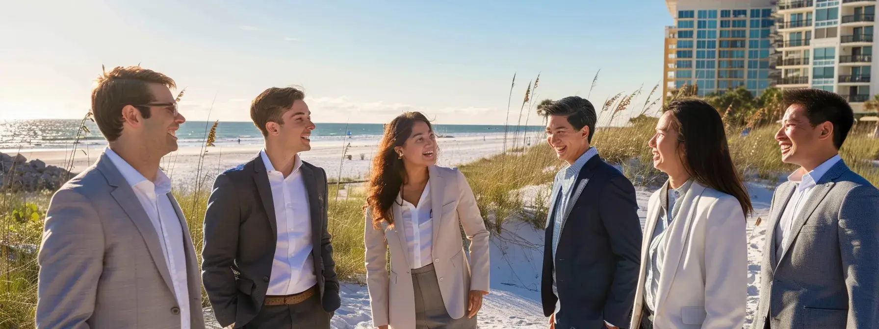 Group of professionals in suits chatting on a sunny beach with ocean backdrop