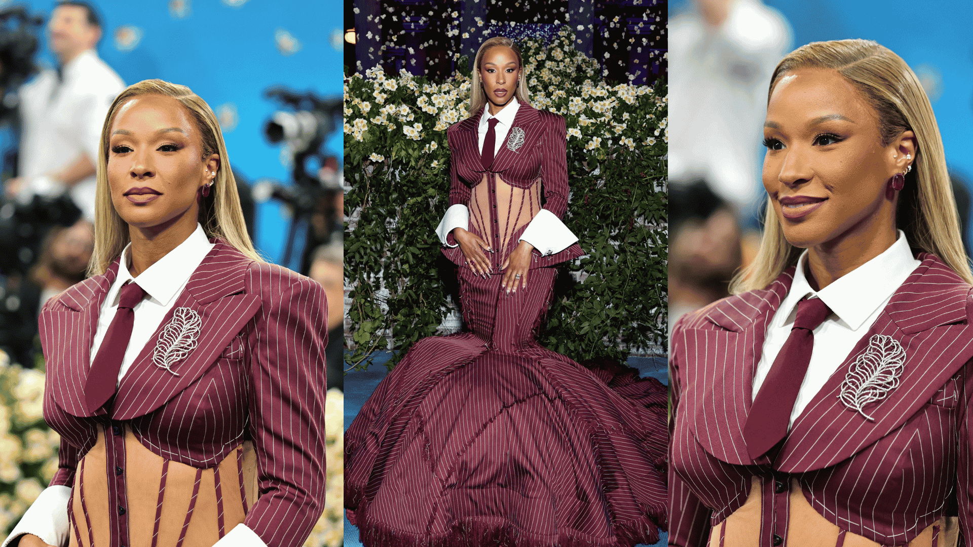 Savannah in burgundy pinstripe suit gown at Met Gala red carpet