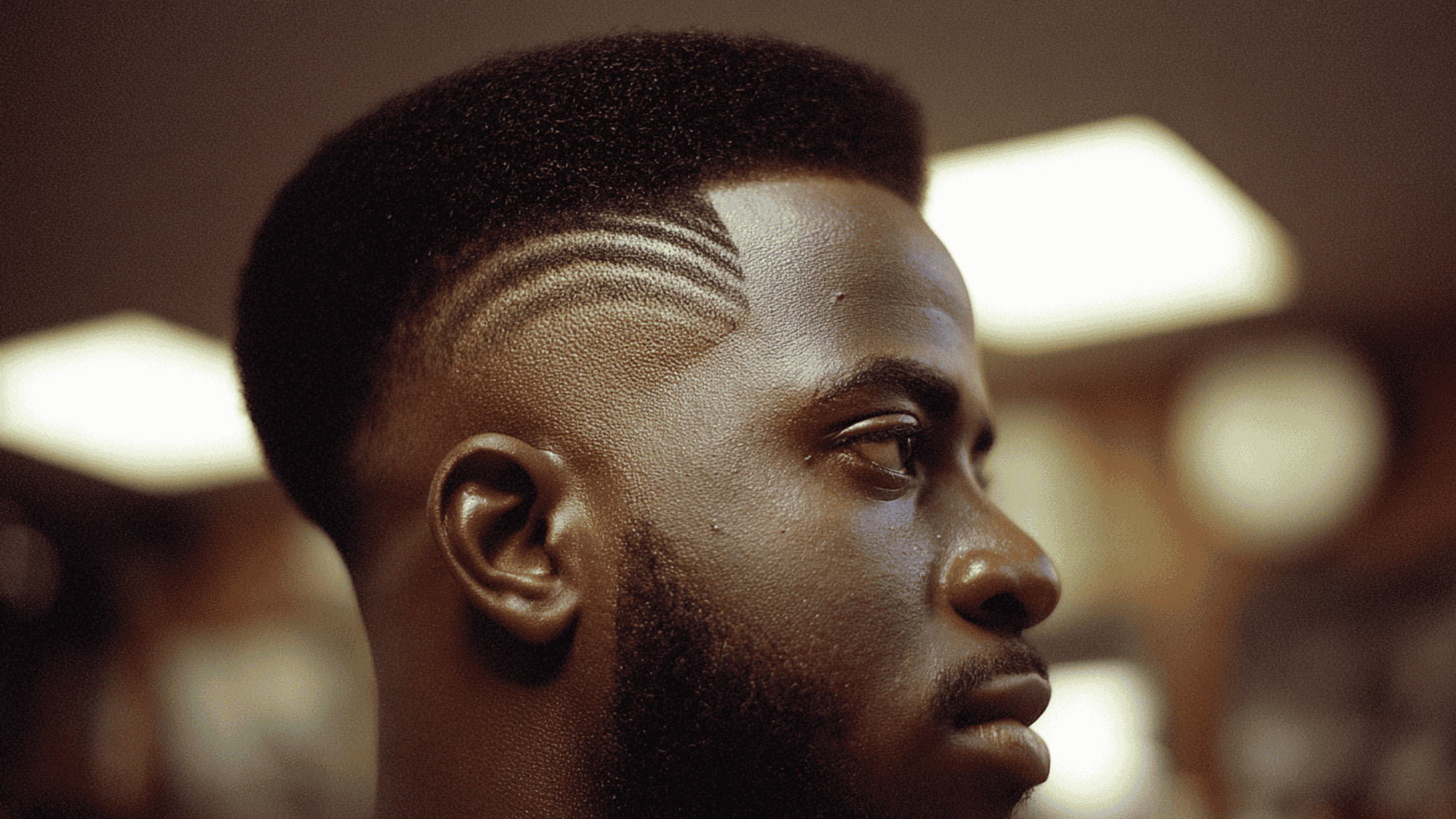 Mid fade black men burst fade semicircular halo behind ear natural afro top portrait