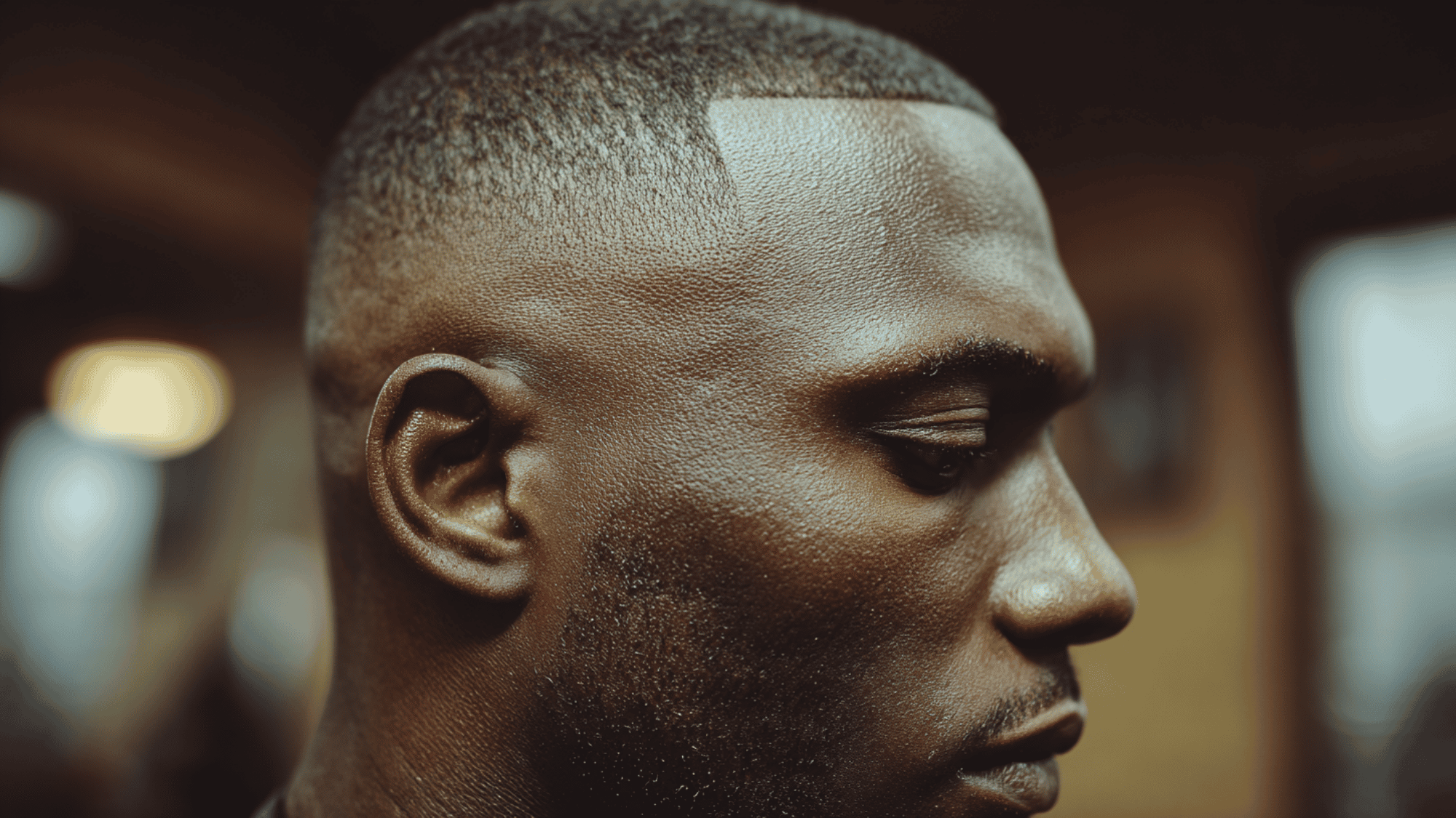 Mid fade black men Caesar cut horizontal fringe sharp line up temple fade clean portrait