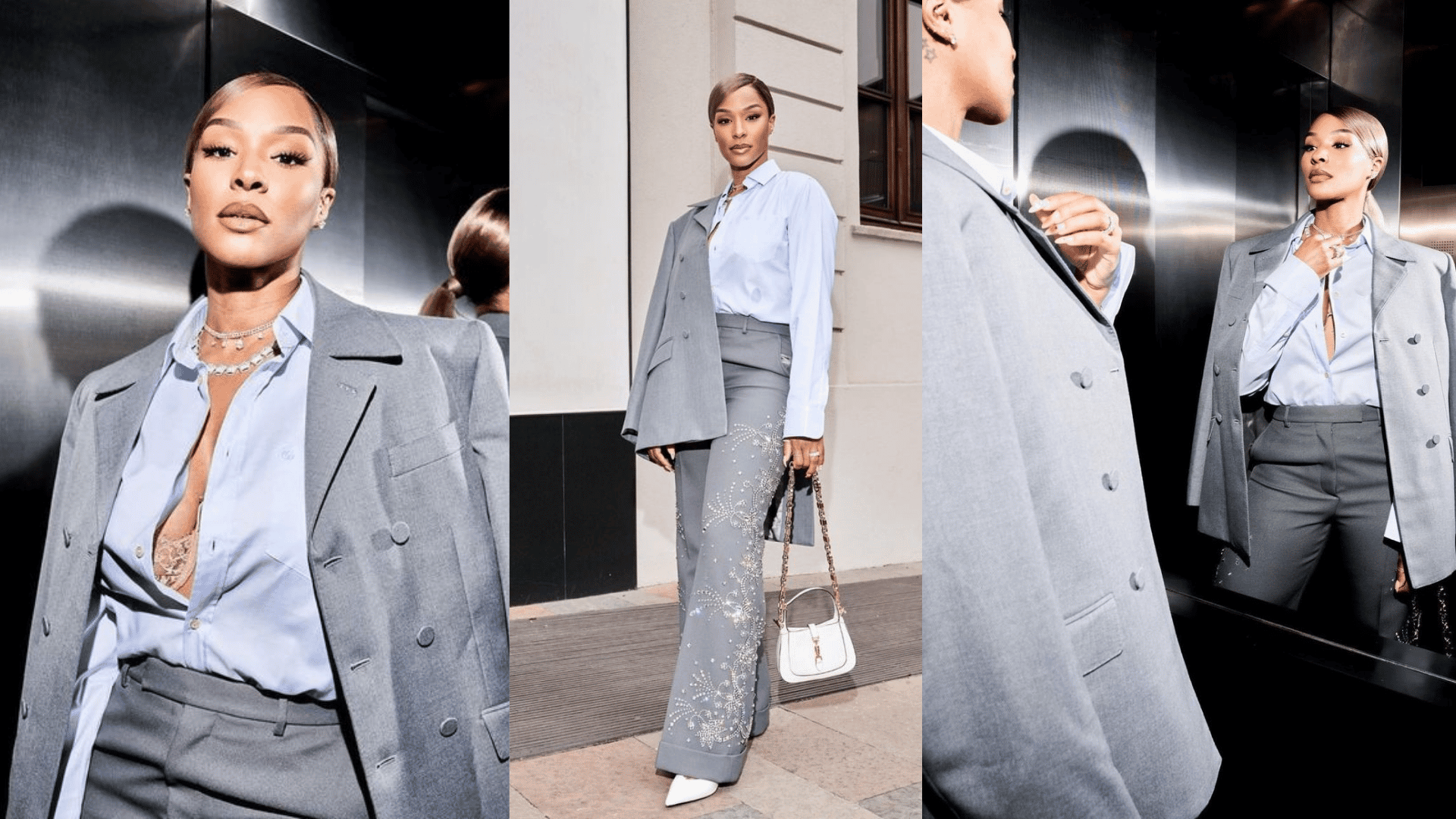 Savannah in grey blazer and embellished flared trousers at Milan Fashion Week