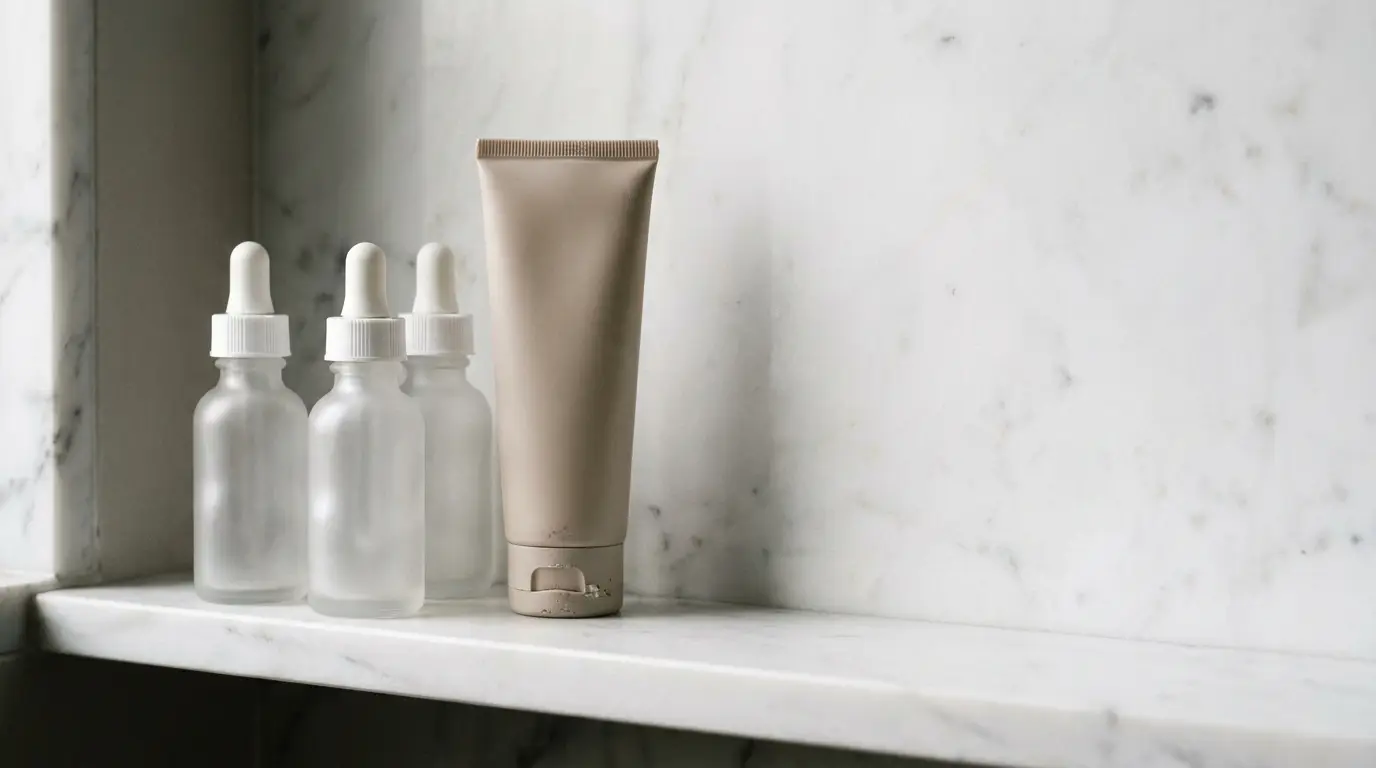 Frosted glass dropper bottles and beige tube on white marble shelf