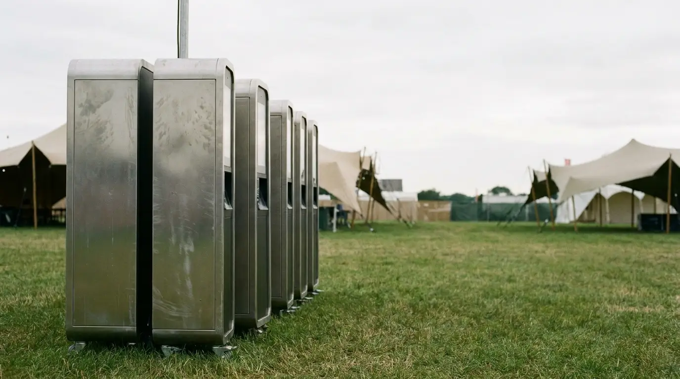 Stainless steel sinks aligned on grass field with large event tents in the background