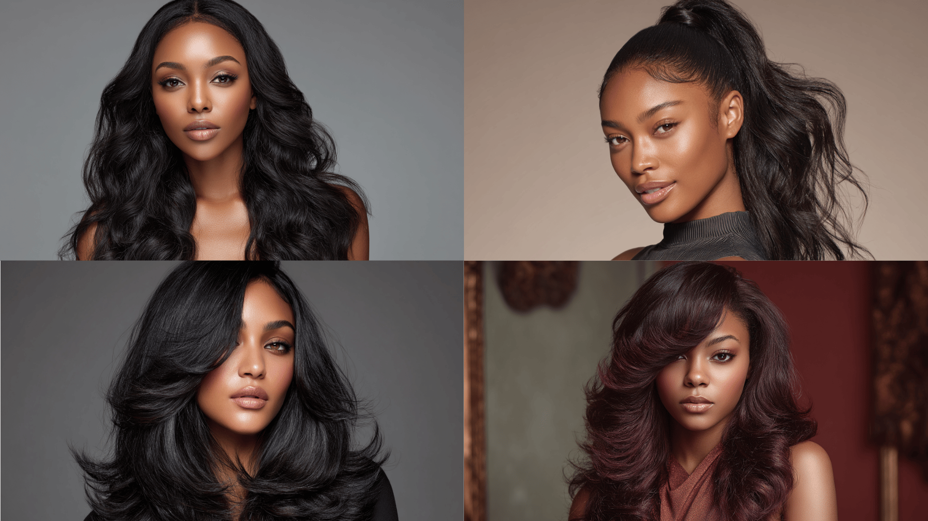 collection of trendy sew-in hairstyles with soft waves, layered cuts, and elegant styling options