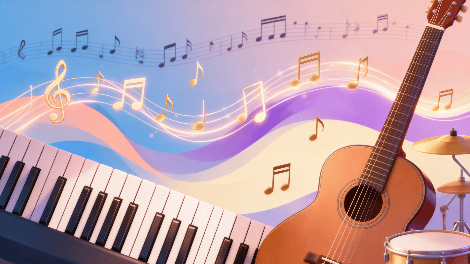 modern colorful illustration of music instruments, floating melodies, chord symbols, and glowing rhythm patterns.