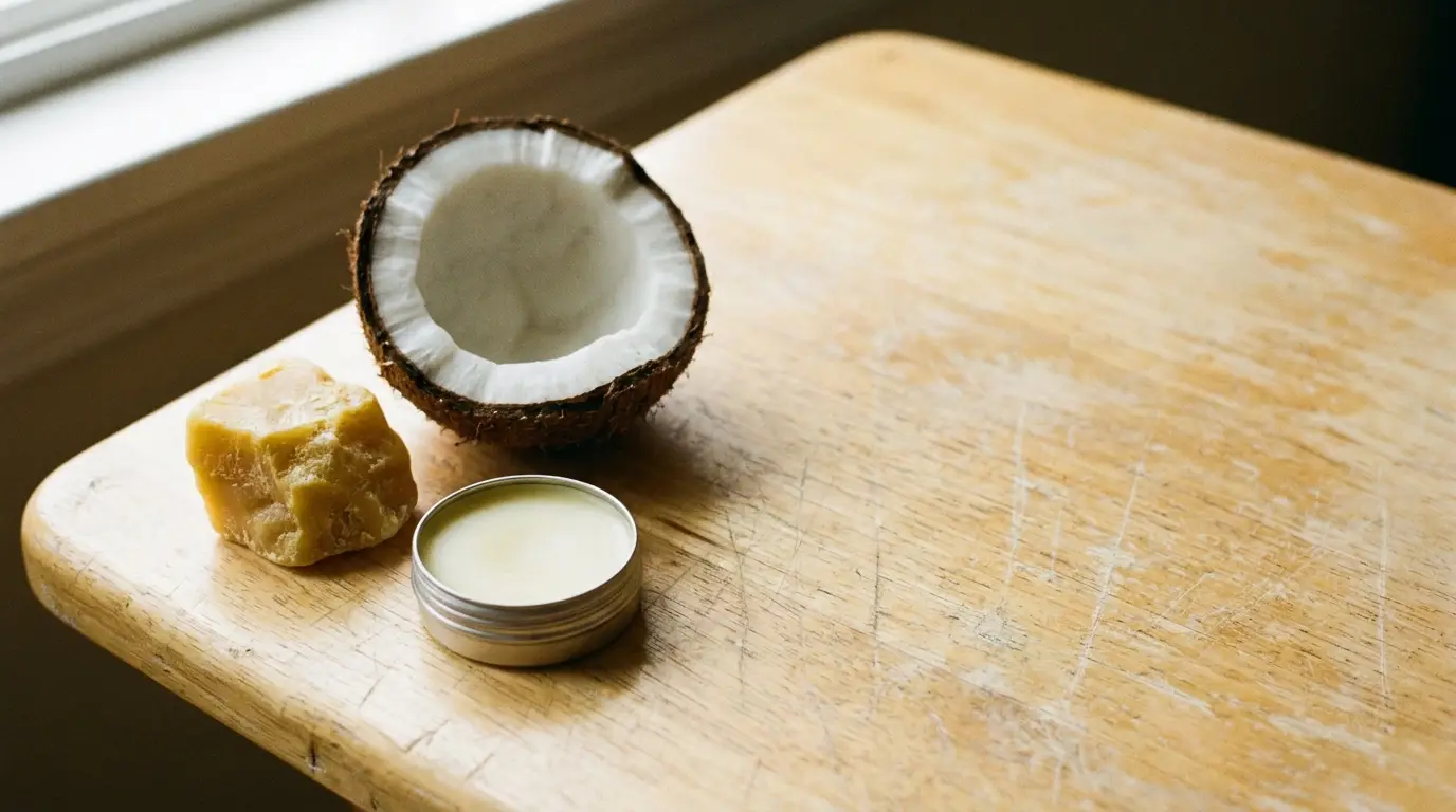 Half coconut, beeswax, and tin of balm on wooden surface in natural light