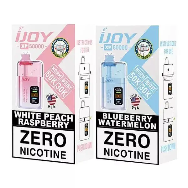 Two iJoy e-cigarette boxes with pink and blue color schemes displaying flavors and zero nicotine level
