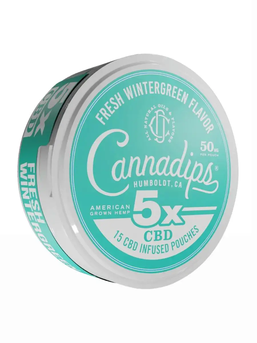 Cannadips herbal pouches tin with fresh wintergreen flavor on a white background