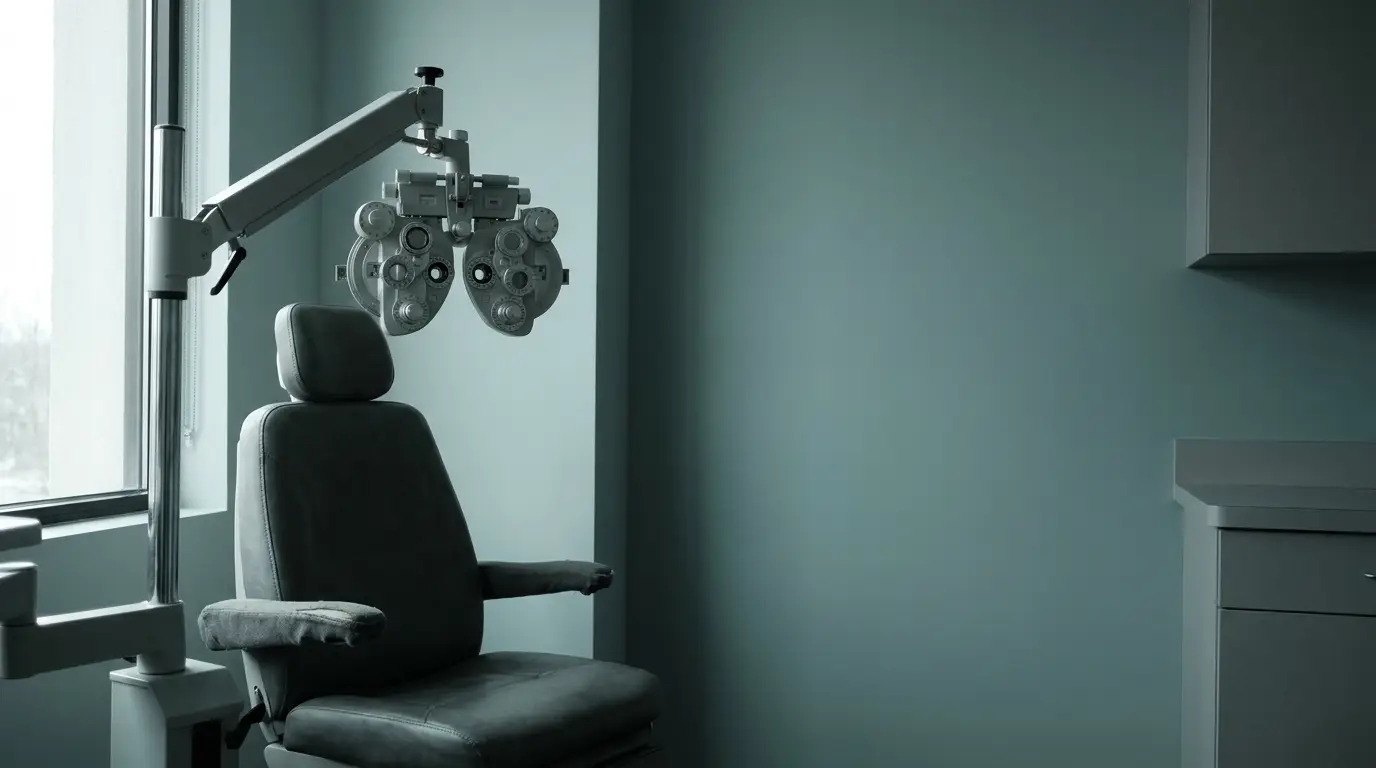 Optometry exam chair and phoropter in modern, dimly lit eye clinic